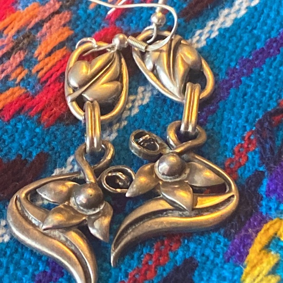 🌴Vintage Sterling Art Deco Floral Dangler Earrings - Picture 2 of 5